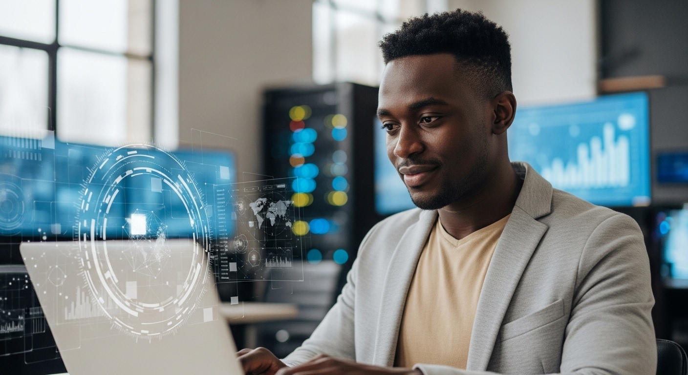 Ultra-realistic professional photography of a young African man working as an IT technico-commercial engineer. He is in a modern tech office environment, analyzing solutions on a laptop. He wears smart casual professional outfit (t-shirt or light shirt with a blazer), with confident, intelligent and motivated expression. The atmosphere is innovative and corporate, with subtle high-tech elements in the background (screens, servers, network visuals) but not dominant. Soft natural lighting, high-quality 4k image, clean and elegant composition, no text, no logos, no watermark, suitable for a website hero image or job offer banner.