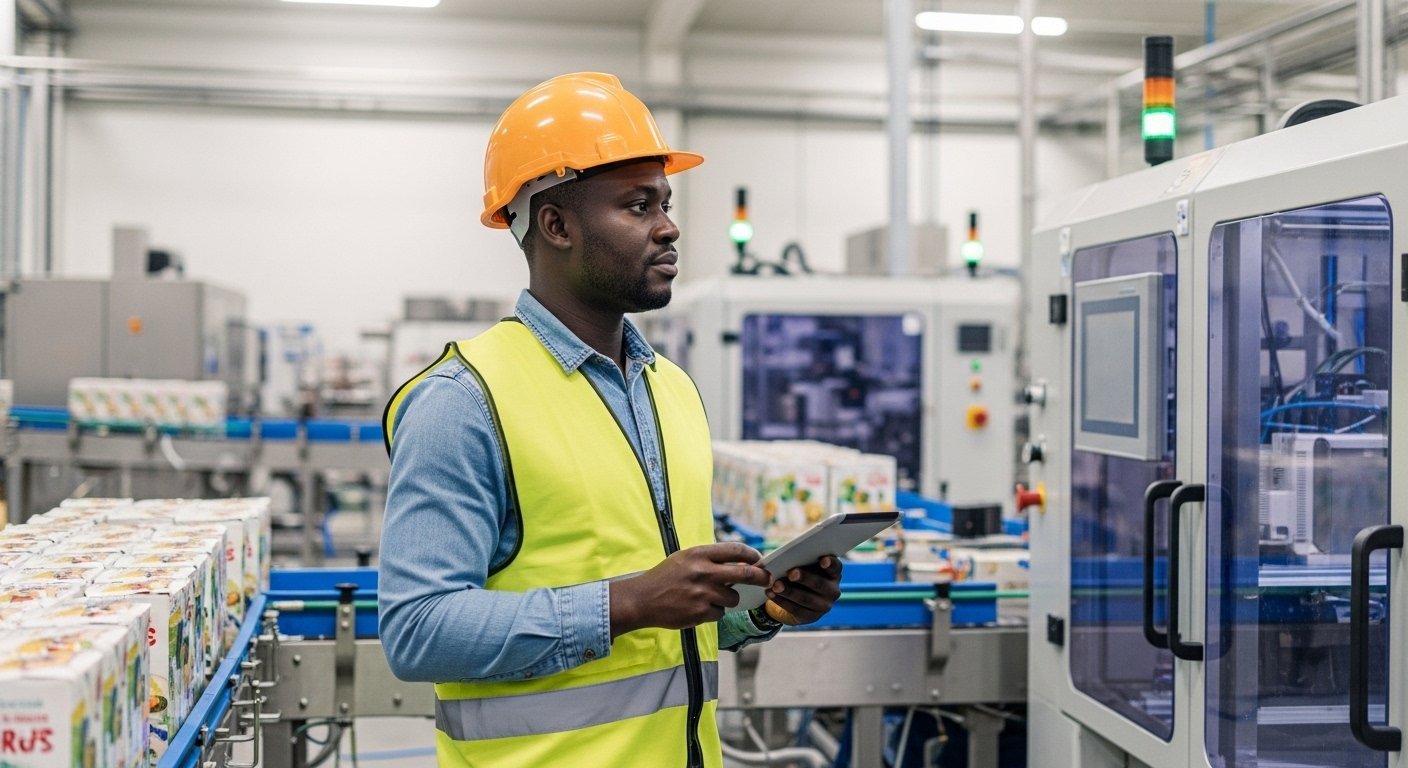 Ultra realistic photograph of a Senegalese industrial maintenance manager inside a modern food production factory. A confident Senegalese man wearing a safety helmet, reflective vest and holding a tablet, inspecting large automated production machines. Background shows a clean agro-industrial environment with conveyor belts, packaged food products and stainless steel equipment. Bright industrial lighting, focus on technology, precision and leadership. Highly detailed skin textures, cinematic depth of field, documentary photography style, 8k ultra realistic.